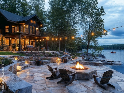 Fototapeta Naklejka Na Ścianę i Meble -  Cozy lakeside patio with a fire pit, surrounded by comfortable seating and string lights, set against a backdrop of tall trees and a tranquil lake at dusk, creating a warm and inviting outdoor space.