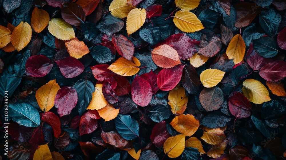 Vibrant Autumn Leaves with Dew Drops Vibrant Autumn Leaves with Dew Drops