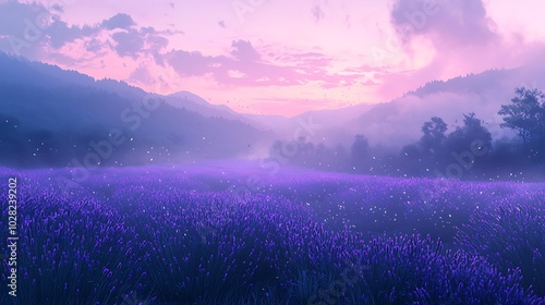 Magical Lavender Field at Sunset with Misty Mountains and Flying Fireflies