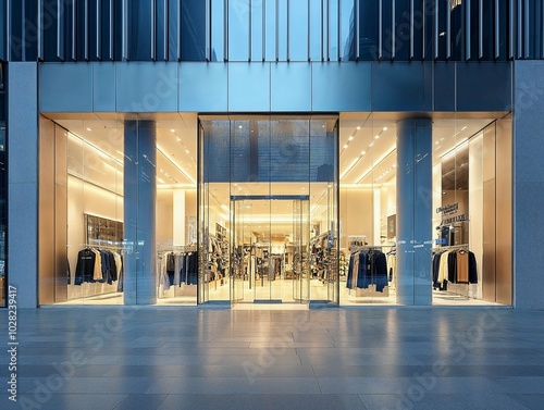 Luxury storefront with large glass windows and a well-lit interior, featuring high-end clothing displays and a polished, modern design, creating an upscale shopping experience in an elegant setting.