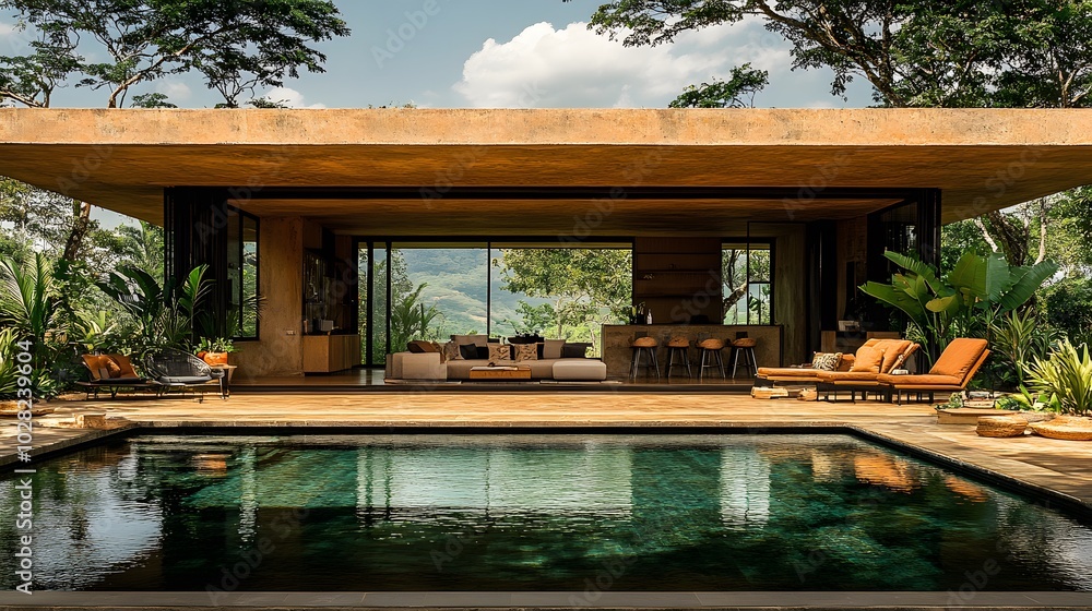 A modern house with a large deck overlooking an infinity pool and beautifully arranged garden A modern house with a large deck overlooking an infinity pool and beautifully arranged garden