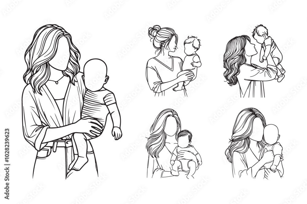 Line drawings of a cute baby enjoying time with mother Line drawings of a cute baby enjoying time with mother