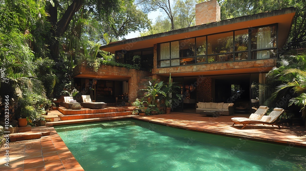 A stylish modern house adorned with natural materials, complemented by a lush green garden A stylish modern house adorned with natural materials, complemented by a lush green garden