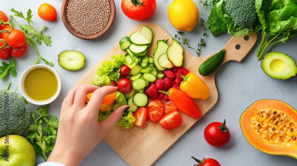 A nutrition doctor discussing the benefits of a plant-based diet, with various fruits and vegetables on the table. A nutrition doctor discussing the benefits of a plant-based diet, with various fruits and vegetables on the table.