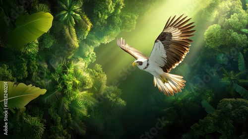 A Philippine eagle soaring high above the dense forest canopy, its massive wings casting a shadow below.