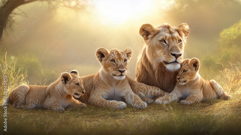 A pride of lions resting in the grass, with cubs playfully tumbling near their parents under the African sun. A pride of lions resting in the grass, with cubs playfully tumbling near their parents under the African sun.