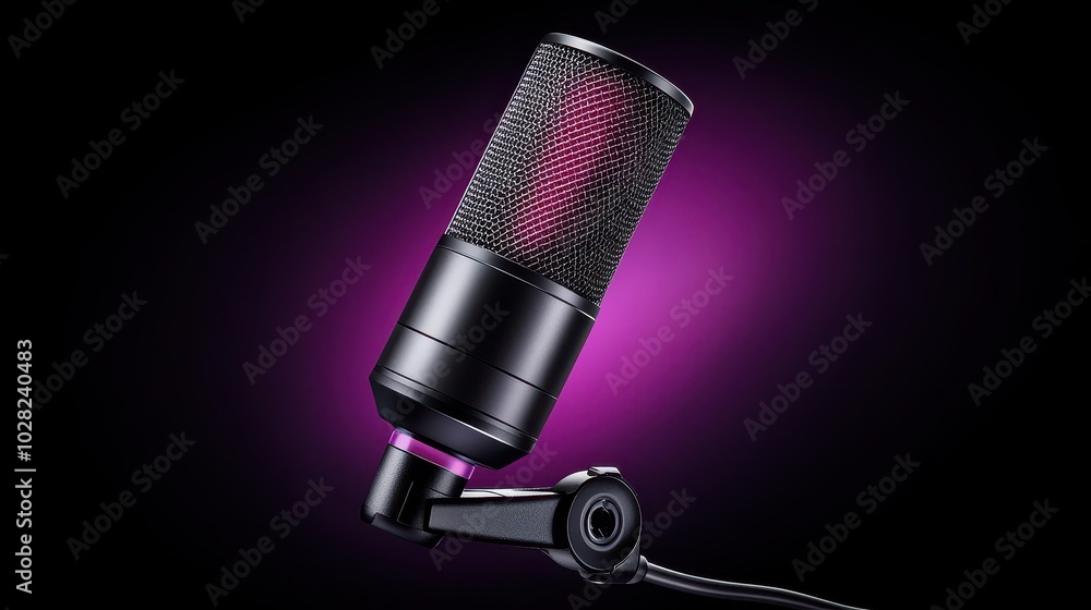 A professional-grade podcast microphone with a shock mount, ready to capture crisp voice recordings. A professional-grade podcast microphone with a shock mount, ready to capture crisp voice recordings.