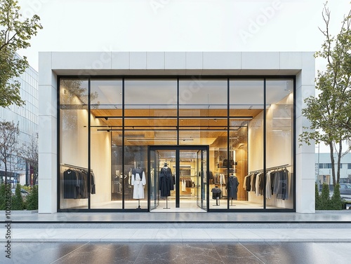 Modern storefront with floor-to-ceiling glass windows, showcasing a well-lit interior with minimalist displays and clothing racks, creating an inviting and stylish shopping environment.