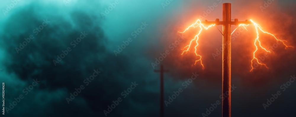 Lightning striking power poles amidst a dramatic stormy sky. Lightning striking power poles amidst a dramatic stormy sky.