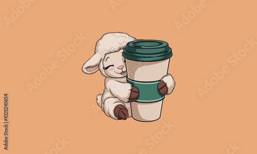 Cute lamb hugging a coffee cup on a peach background.