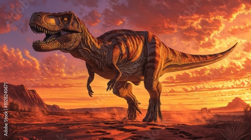 Fototapeta Naklejka Na Ścianę i Meble -  A majestic dinosaur stands against a vibrant sunset backdrop in a prehistoric landscape.