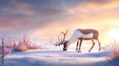 A reindeer grazing in the frozen tundra, with low Arctic plants and patches of snow around it.