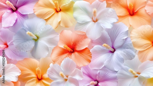 A repeating pattern of tropical flowers like orchids and hibiscus, their bright colors forming an exotic floral backdrop.