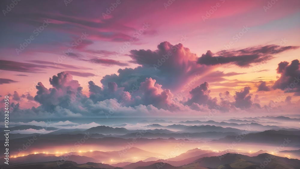 Fototapeta premium Low clouds lingering near the horizon at dawn, with the sky glowing in pastel shades of yellow, pink, and blue, creating a calming atmosphere 