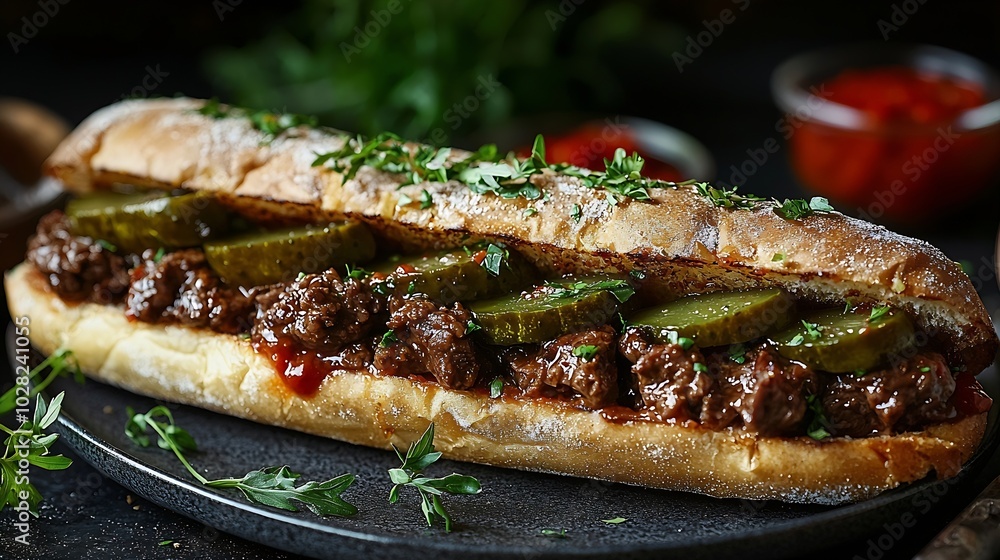 Roast beef sandwich on a plate with pickles Close up : Generative AI Roast beef sandwich on a plate with pickles Close up : Generative AI