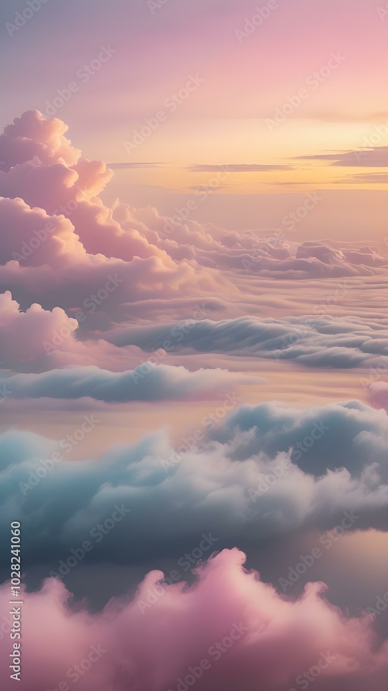 Obraz premium Low clouds lingering near the horizon at dawn, with the sky glowing in pastel shades of yellow, pink, and blue, creating a calming atmosphere 