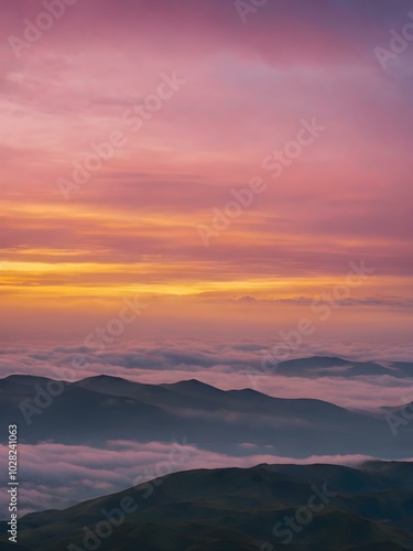 Low clouds lingering near the horizon at dawn, with the sky glowing in pastel shades of yellow, pink, and blue, creating a calming atmosphere 