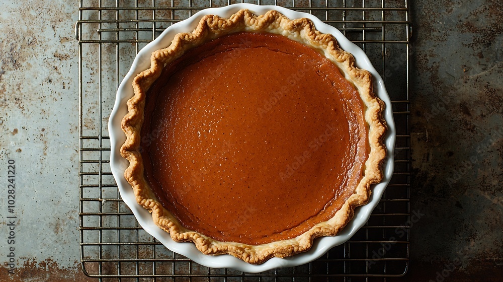 Tasty pumpkin pie tart made for Thanksgiving day in a baking dish on a colling rack Grey stone background Top view : Generative AI Tasty pumpkin pie tart made for Thanksgiving day in a baking dish on a colling rack Grey stone background Top view : Generative AI