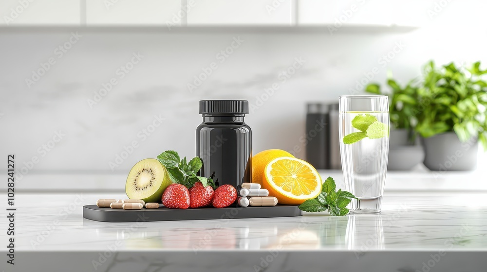 A set of supplement bottles on a kitchen counter next to a glass of water and fresh fruits, showing a health-focused lifestyle. A set of supplement bottles on a kitchen counter next to a glass of water and fresh fruits, showing a health-focused lifestyle.