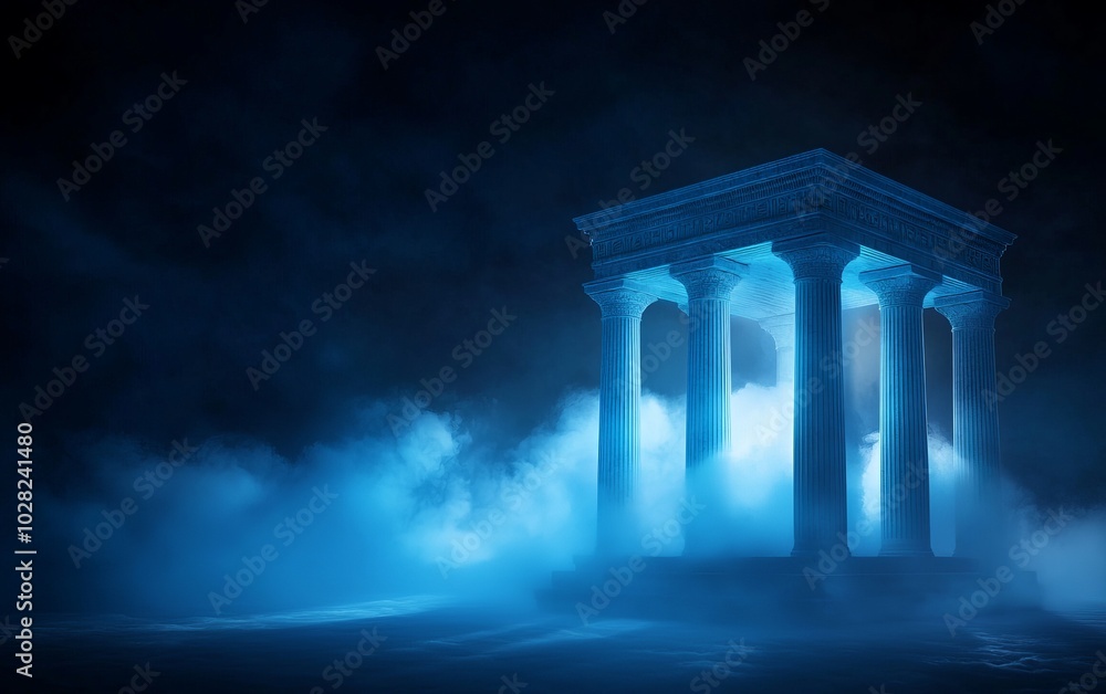 Fototapeta premium A mystical structure emerges from eerie blue mist, creating an enchanting and surreal atmosphere that captivates the viewer.