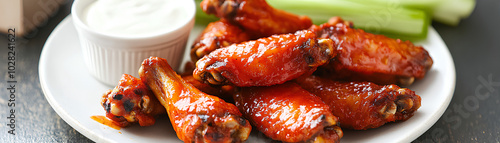 A plate of grilled chicken wings marinated in a spicy buffalo sauce, served with ranch dressing, buffalo grilled wings, spicy appetizer