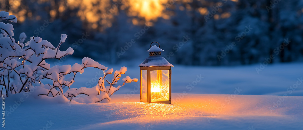 A glowing lantern sits in a snow-covered forest, casting a warm light against the frosty trees and the soft, white snow. A glowing lantern sits in a snow-covered forest, casting a warm light against the frosty trees and the soft, white snow.