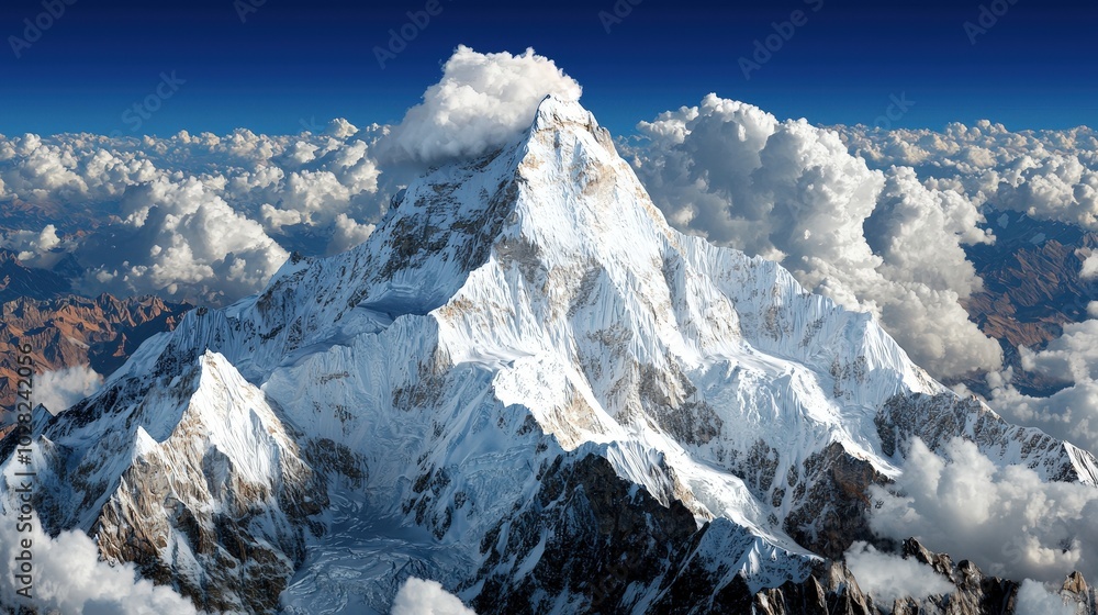 Obraz premium Majestic Snowy Mountain Peak with Cloudscape Aerial View