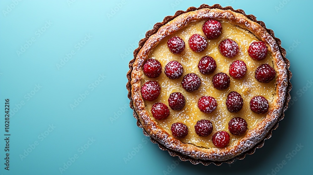 Almond and berry cake Bakewell tart Traditional British pastry Top view Copy space Blue background : Generative AI Almond and berry cake Bakewell tart Traditional British pastry Top view Copy space Blue background : Generative AI
