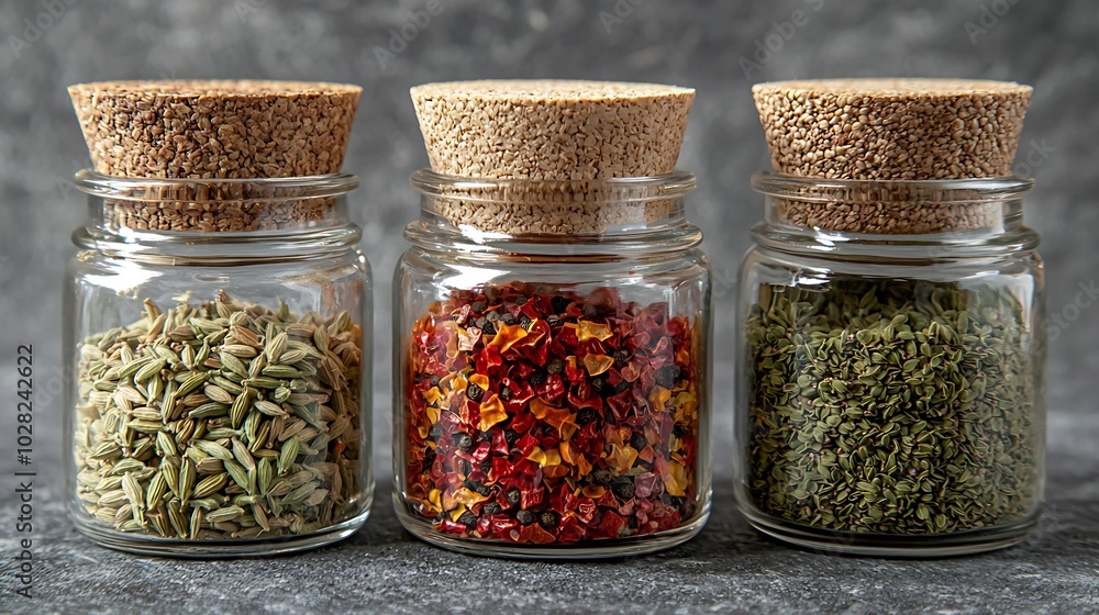 Assortments of spices white pepper chili flakes lemongrass cumin fenugreek seeds in jars on grey stone background : Generative AI Assortments of spices white pepper chili flakes lemongrass cumin fenugreek seeds in jars on grey stone background : Generative AI