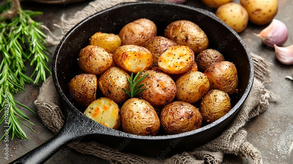 Roasted baby potatoes in iron skillet Dark grey background Copy space Top view : Generative AI Roasted baby potatoes in iron skillet Dark grey background Copy space Top view : Generative AI