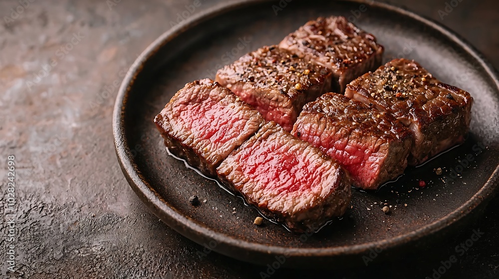 Beef steak meat medium rare on plate Dark background Copy space Top view : Generative AI Beef steak meat medium rare on plate Dark background Copy space Top view : Generative AI