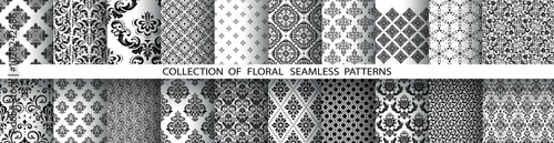 Geometric floral set of seamless patterns. White and black vector backgrounds. Damask graphic ornaments.