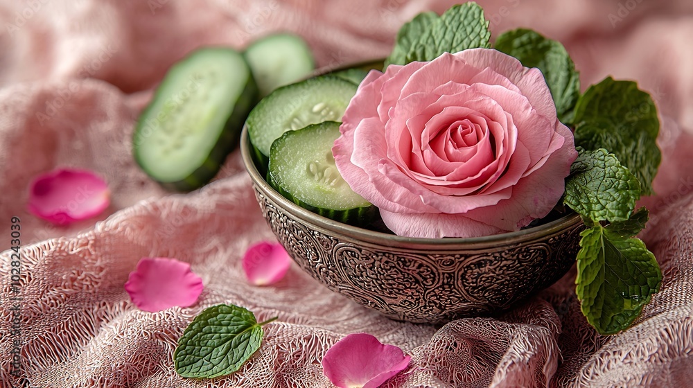 Rose flower with fresh cucumbers and mint leaves in a metal vintage bowl on a textile background : Generative AI Rose flower with fresh cucumbers and mint leaves in a metal vintage bowl on a textile background : Generative AI