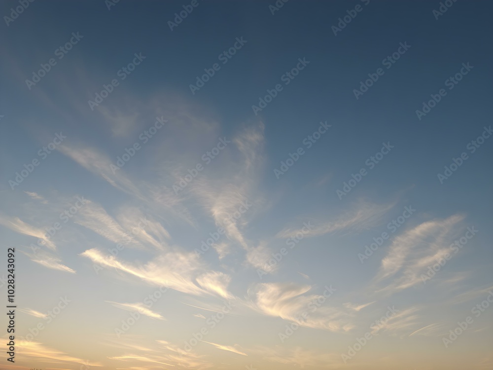 Fototapeta premium A tranquil dawn sky with wisps of clouds floating close to the ground, bathed in soft morning light as the day begins 