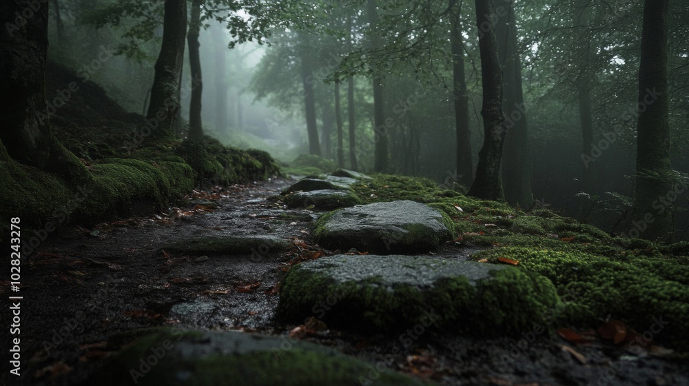 Obraz premium Moss-Covered Stone Path Through a Misty Forest