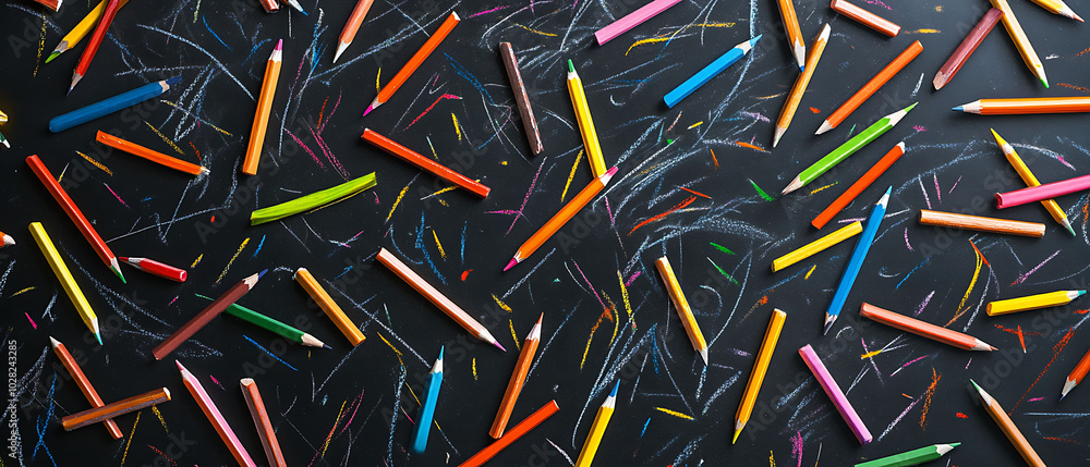 Colorful pencils scattered on black surface with white chalk scribbles. Colorful pencils scattered on black surface with white chalk scribbles.