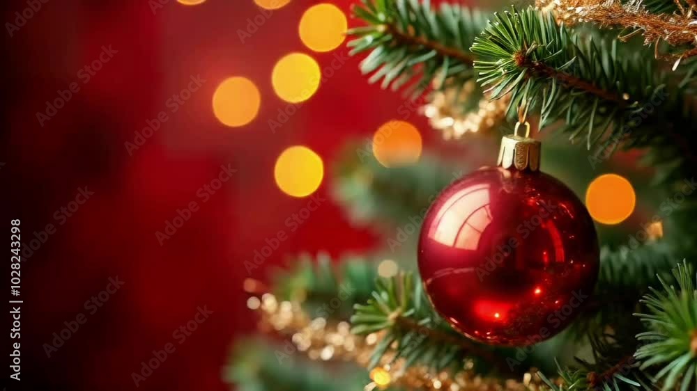 Christmas Tree With Ornament And Bokeh Lights In Red Background Christmas Tree With Ornament And Bokeh Lights In Red Background