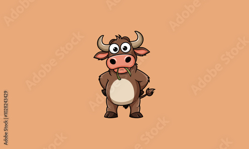 Cartoon cow chewing grass with a surprised expression.