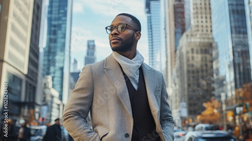 A modern urban professional standing in the heart of the city, casual yet stylish business attire, with skyscrapers and busy streets in the background, confident demeanor