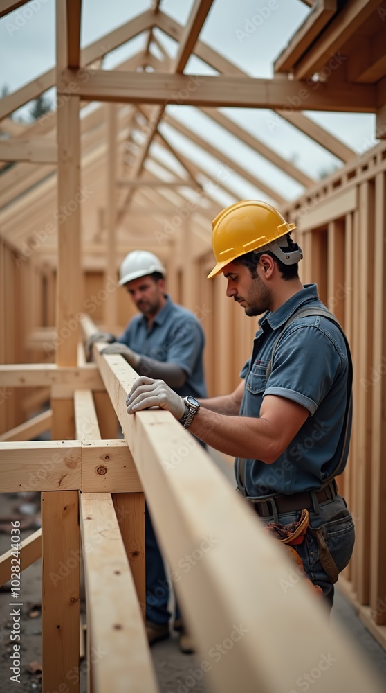 Close-up of builders working on a construction site with wood beams Close-up of builders working on a construction site with wood beams