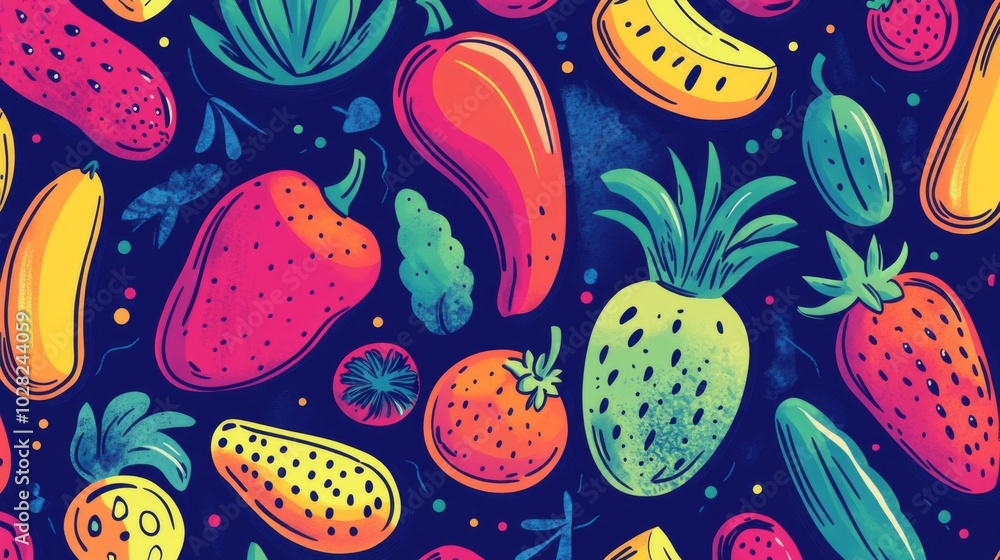 Vibrant Neon Fruit and Vegetable Pattern on a Blue Background Vibrant Neon Fruit and Vegetable Pattern on a Blue Background