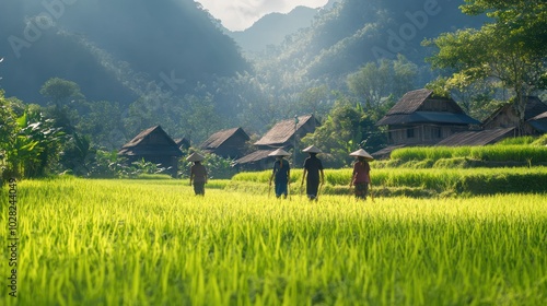 Visitors exploring a picturesque rice-farming village in Southeast Asia, walking through the lush green fields while locals demonstrate ancient farming techniques photo