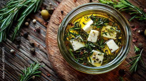 Feta cheese marinated in olive oil with fresh herbs in glass jar Wooden background Copy space Top view : Generative AI