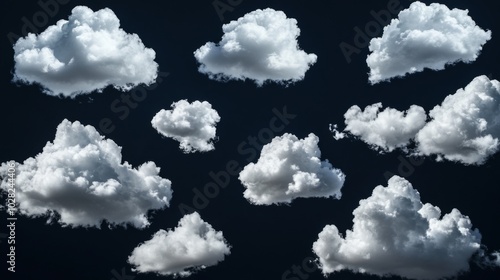 2408 81.A collection of fluffy white clouds floating gently across a black background, each cloud varying in size and texture. The stark contrast between the bright white clouds and the deep black