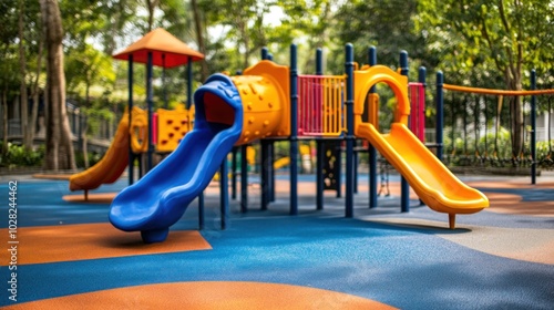 A playground with built-in safety features, including soft rubber flooring, rounded edges on play structures, and safety nets, designed for worry-free play