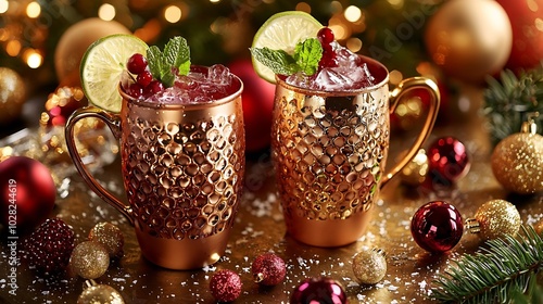 Moscow mule cocktail set for Christmas and New Year holiday drink Copy space : Generative AI photo