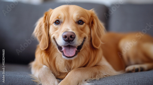 Golden Retriever lies comfortably on a cozy sofa, radiating warmth and contentment. The dog’s relaxed posture and friendly expression symbolize companionship, loyalty, and the simple joys of life