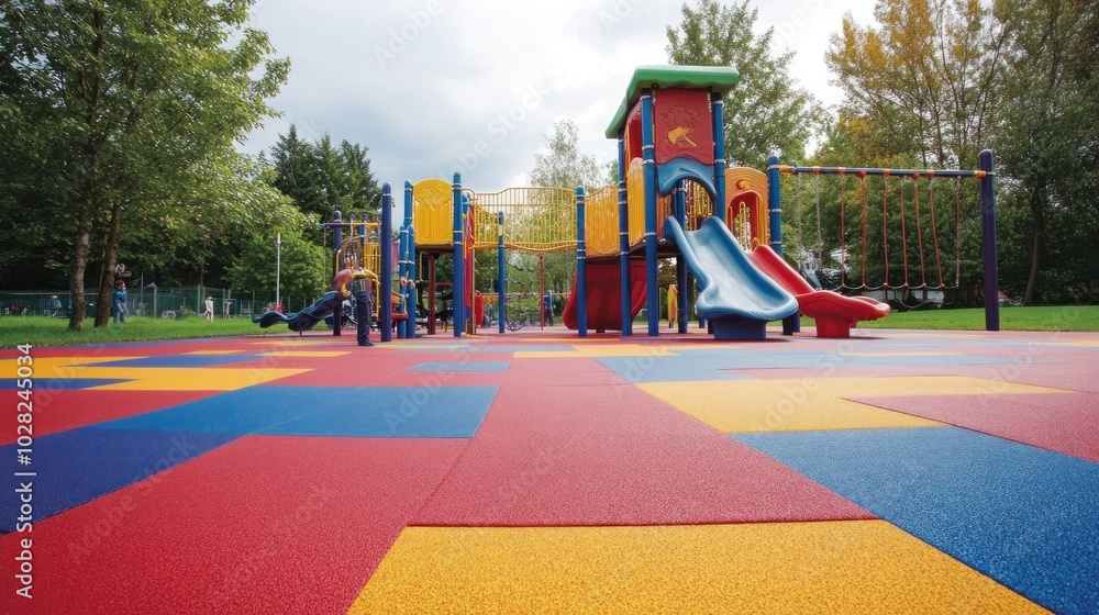 A playground with rubber flooring, offering a soft and safe surface for kids to play, with vibrant colors and cushioning to prevent injuries from falls A playground with rubber flooring, offering a soft and safe surface for kids to play, with vibrant colors and cushioning to prevent injuries from falls