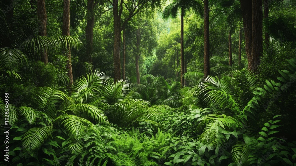 2408 57.A detailed 3D landscape of a tropical forest, showcasing dense vegetation and rich green foliage. Tall trees with wide leaves create a canopy, while the ground is covered in ferns and bushes. 2408 57.A detailed 3D landscape of a tropical forest, showcasing dense vegetation and rich green foliage. Tall trees with wide leaves create a canopy, while the ground is covered in ferns and bushes.