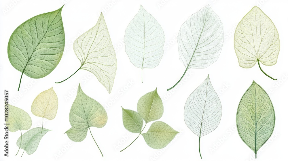 2408 62.A beautifully detailed set of flat green leaves, illustrated against a white background. The leaves feature intricate vein structures and varying shades of green, arranged in a way that 2408 62.A beautifully detailed set of flat green leaves, illustrated against a white background. The leaves feature intricate vein structures and varying shades of green, arranged in a way that